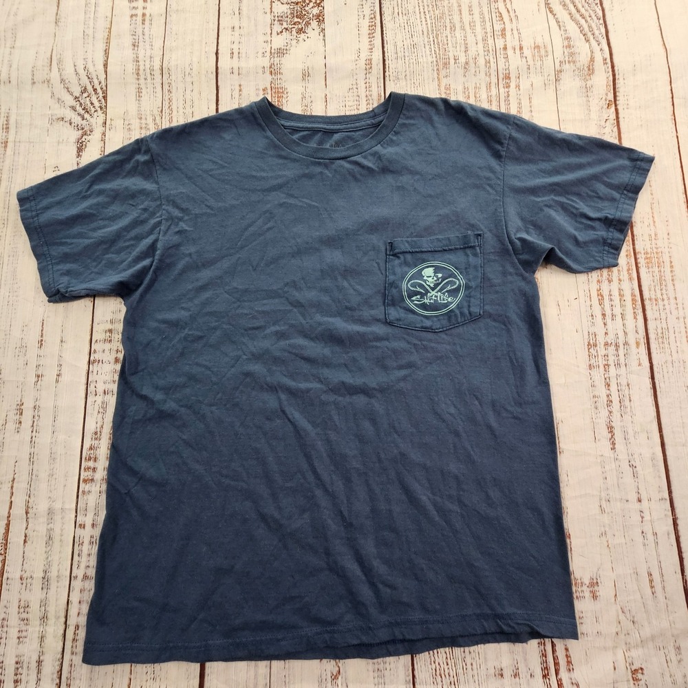 Salt Life Live Salty Skull Blue Short Sleeve Cotton Pocket‎ T-Shirt Men's M